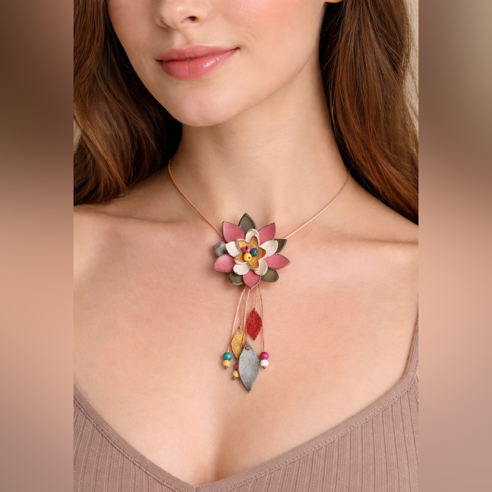 Genuine Leather Handmade Unique Multicolor Pendant Necklace